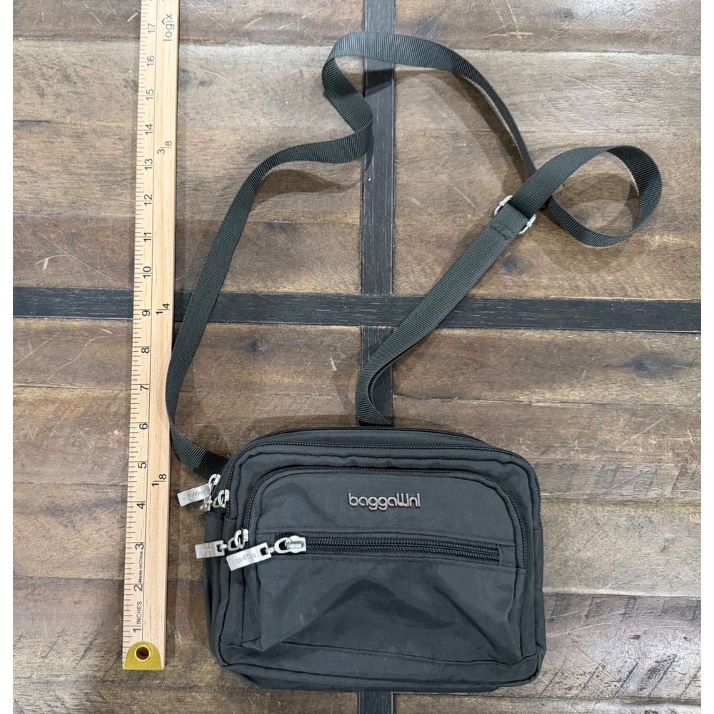 Baggallini Triple Zip Bagg Charcoal Grey Nylon Crossbody Travel Bag Belt Loop